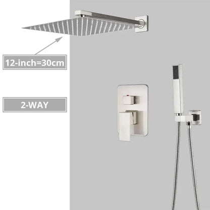 Modern minimalist brushed nickel shower system with rain shower head bathroom