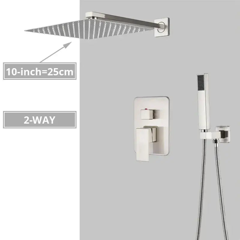 Modern minimalist brushed nickel shower system with rain shower head bathroom