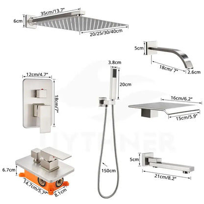 Modern minimalist brushed nickel shower system with rain shower head bathroom