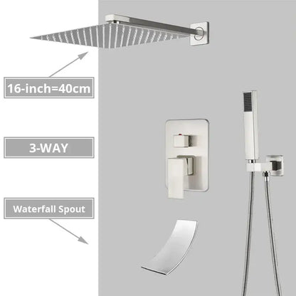Modern minimalist brushed nickel shower system with rain shower head bathroom