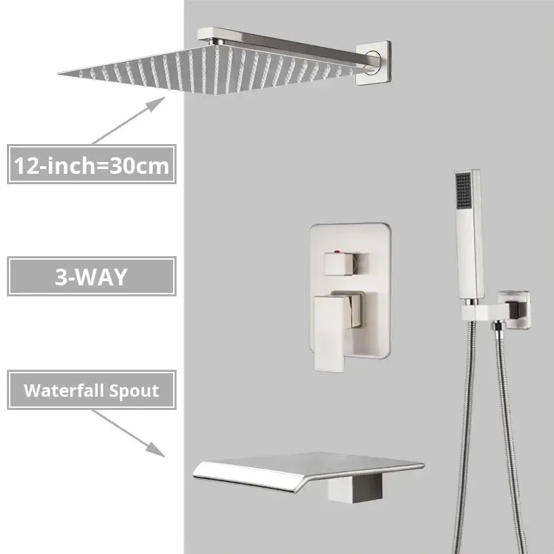 Modern minimalist brushed nickel shower system with rain shower head bathroom
