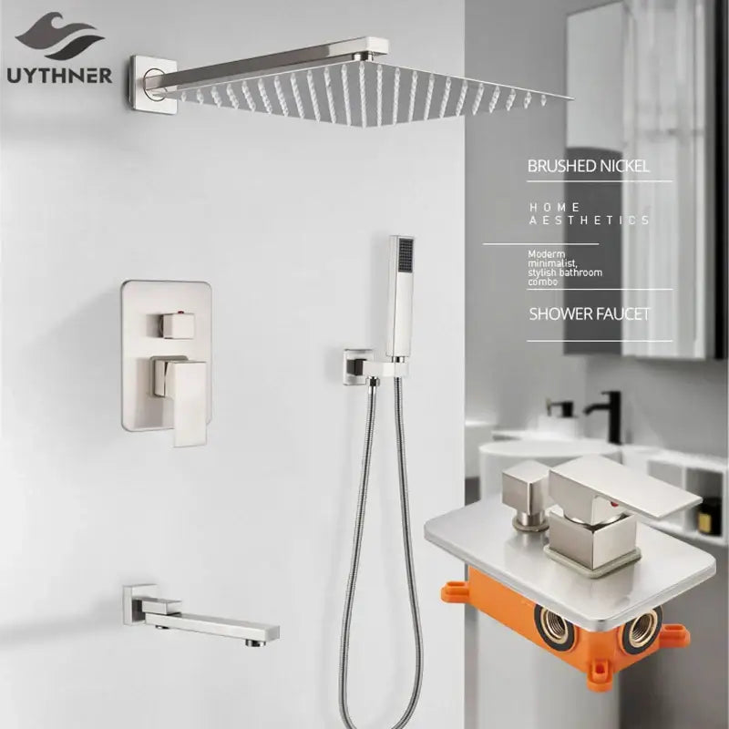 Modern minimalist brushed nickel shower system with rain shower head bathroom