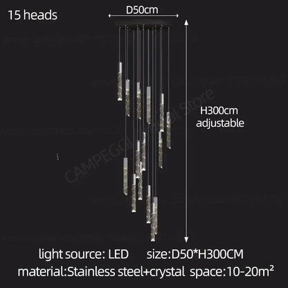Modern minimalist crystal chrome led chandelier stairwell pendant light