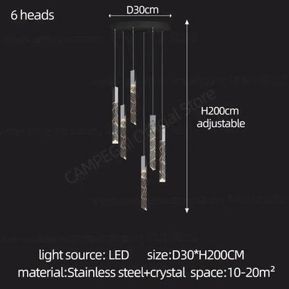 Modern minimalist crystal chrome led chandelier stairwell pendant light