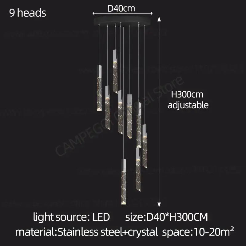 Modern minimalist crystal chrome led chandelier stairwell pendant light