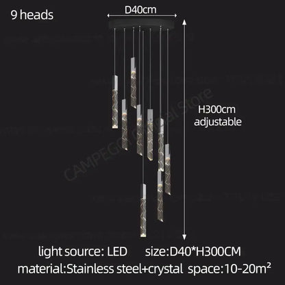 Modern minimalist crystal chrome led chandelier stairwell pendant light