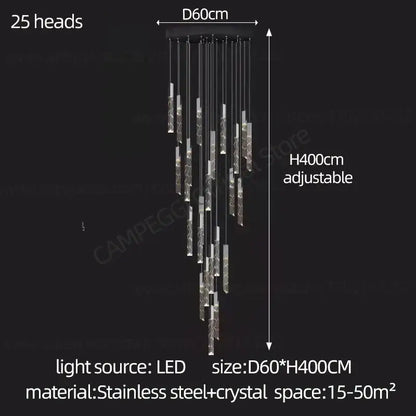 Modern minimalist crystal chrome led chandelier stairwell pendant light