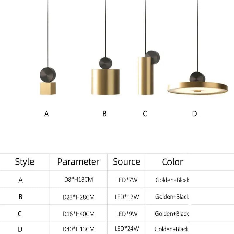 Modern minimalist gold & black led pendant light for dining room