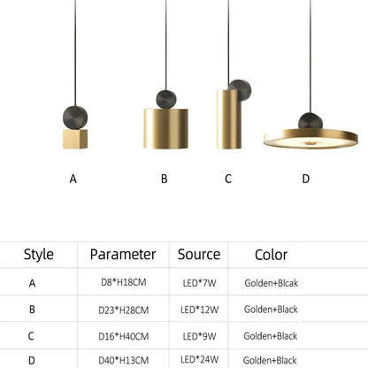 Modern minimalist gold & black led pendant light for dining room