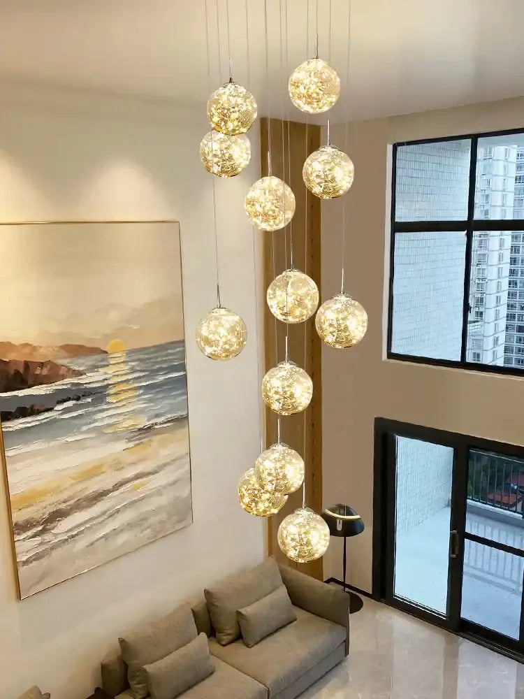 Modern minimalist gold glass chandelier staircase light