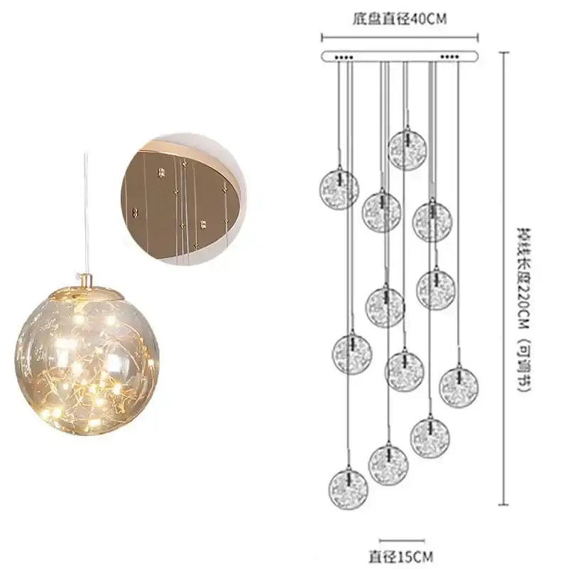 Modern minimalist gold glass chandelier staircase light
