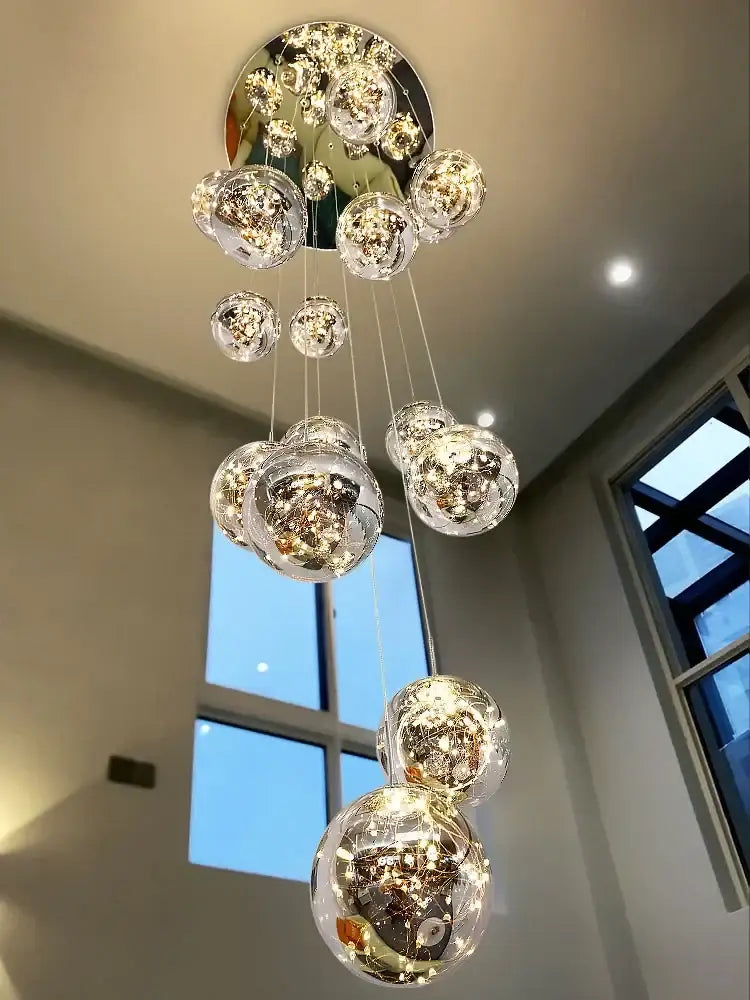 Modern minimalist gold glass chandelier staircase light