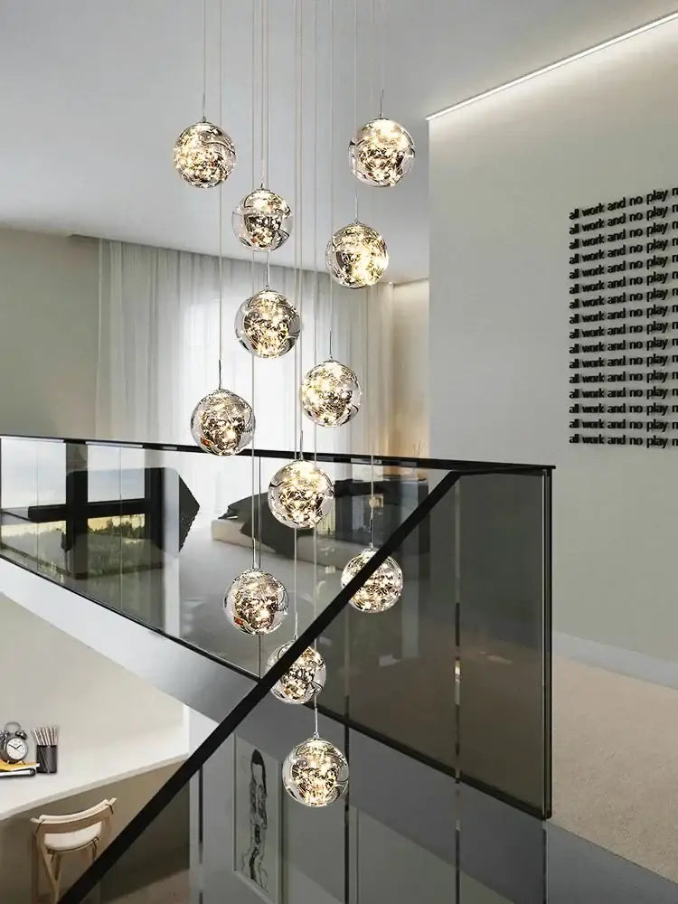 Modern minimalist gold glass chandelier staircase light