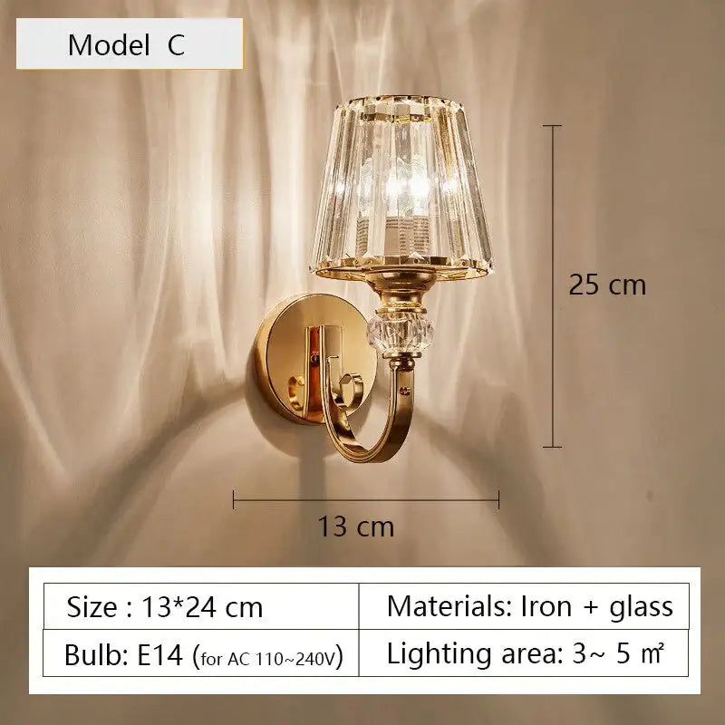 Modern minimalist gold wall lamp with crystal shade for bedroom