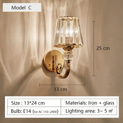Modern minimalist gold wall lamp with crystal shade for bedroom