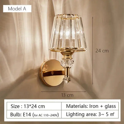 Modern minimalist gold wall lamp with crystal shade for bedroom