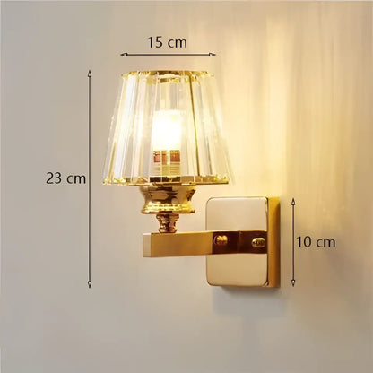 Modern minimalist gold wall lamp with crystal shade for bedroom