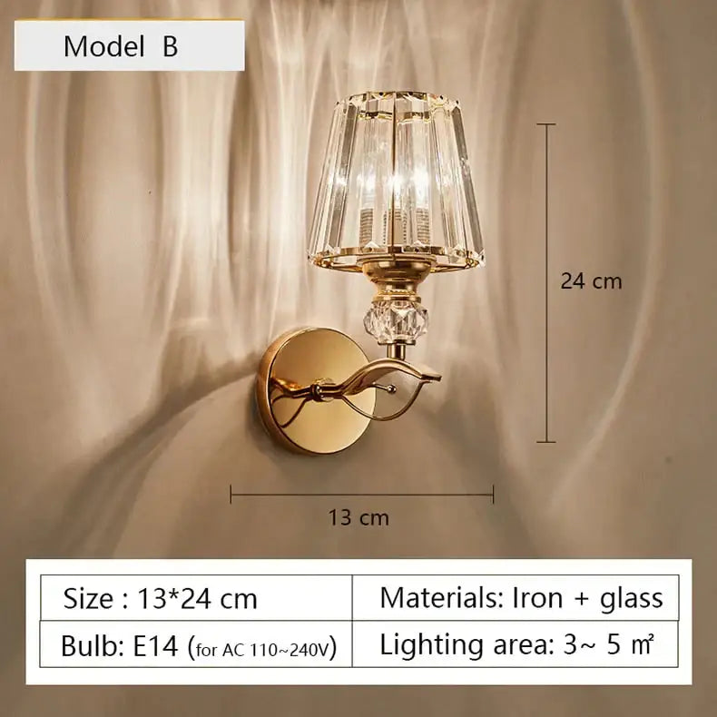 Modern minimalist gold wall lamp with crystal shade for bedroom