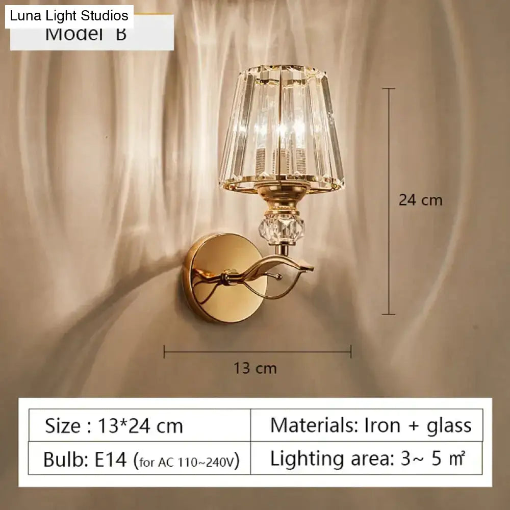 Modern minimalist gold wall lamp with crystal shade for bedroom