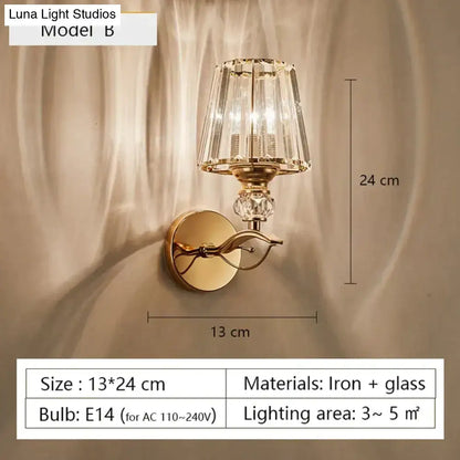 Modern minimalist gold wall lamp with crystal shade for bedroom