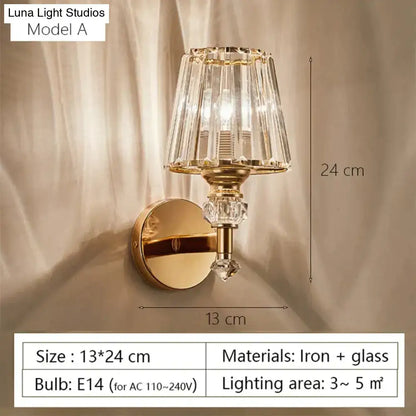 Modern minimalist gold wall lamp with crystal shade for bedroom