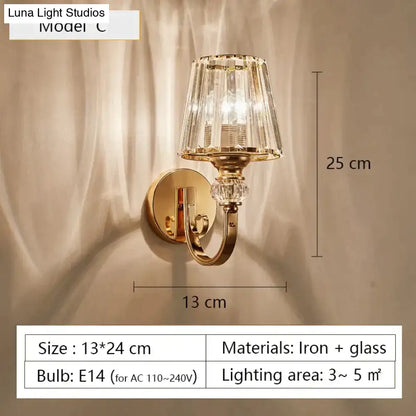 Modern minimalist gold wall lamp with crystal shade for bedroom