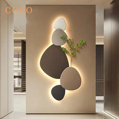 Modern minimalist textured stone green plant mural wall lamp living room