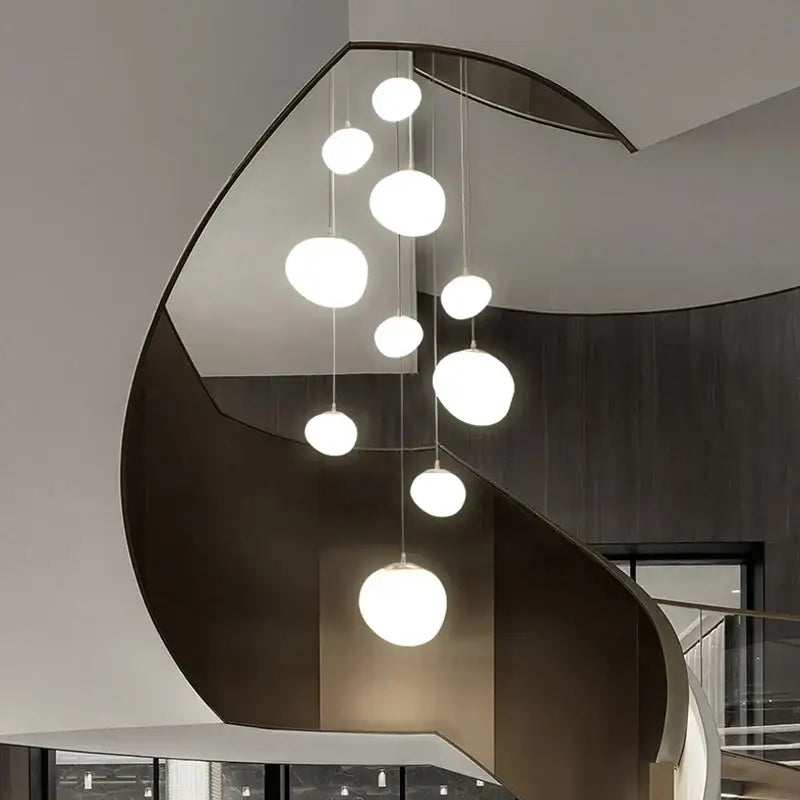 Modern minimalist white cobblestone glass led pendant light stairway