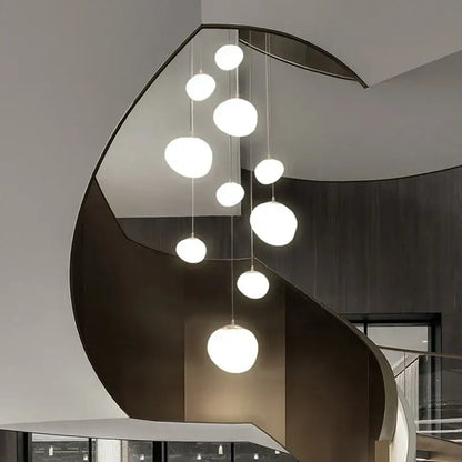 Modern minimalist white cobblestone glass led pendant light stairway