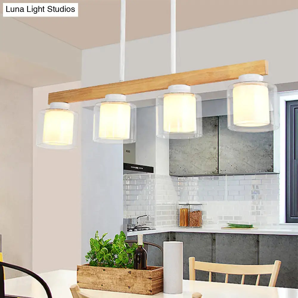 Modern minimalist wood and white glass pendant light dining room