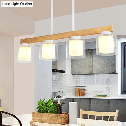 Modern minimalist wood and white glass pendant light dining room