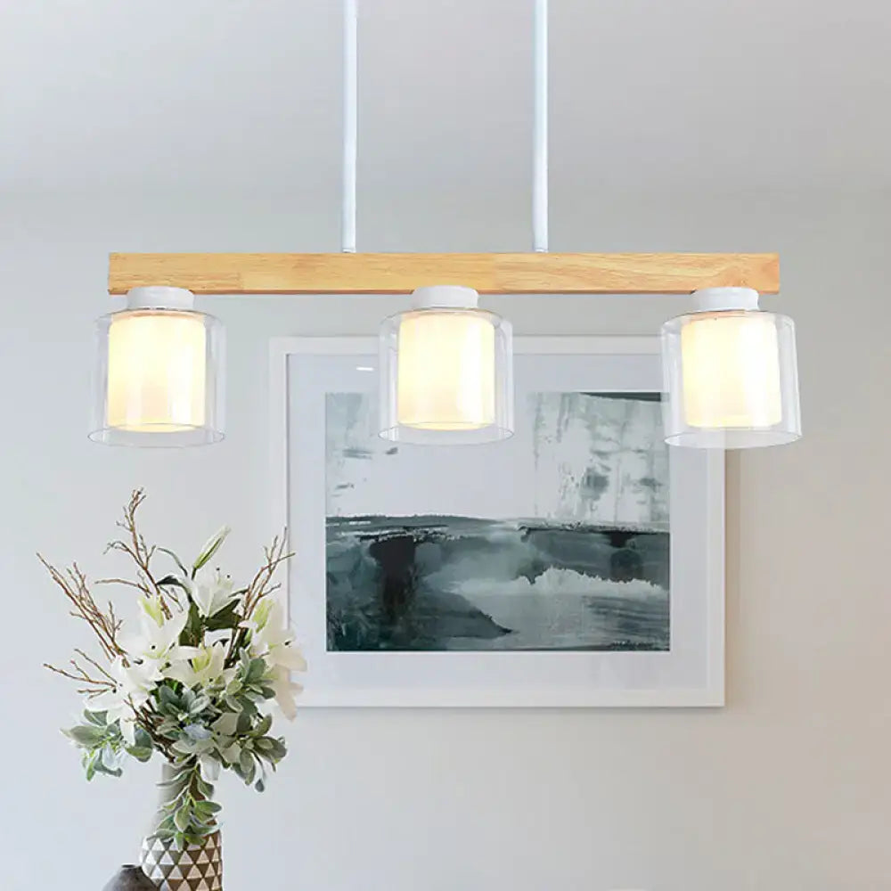 Modern minimalist wood and white glass pendant light dining room
