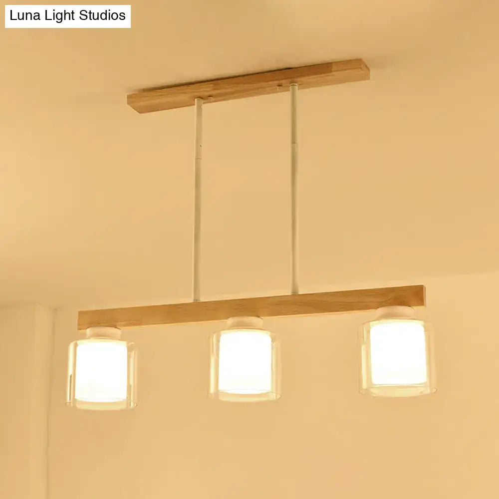 Modern minimalist wood and white glass pendant light dining room
