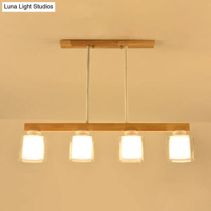 Modern minimalist wood and white glass pendant light dining room
