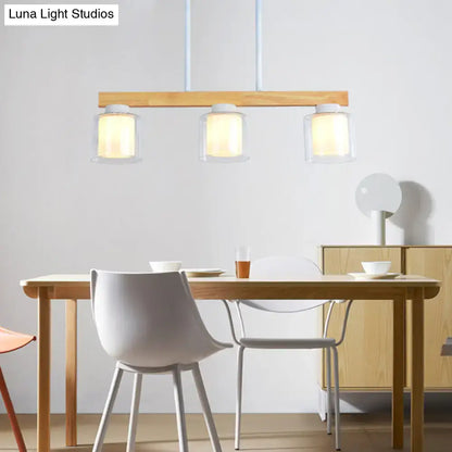 Modern minimalist wood and white glass pendant light dining room