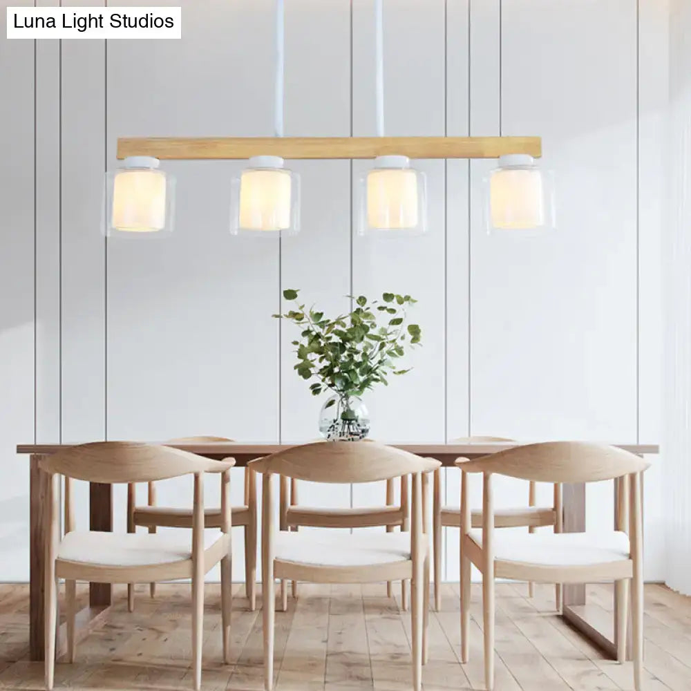 Modern minimalist wood and white glass pendant light dining room