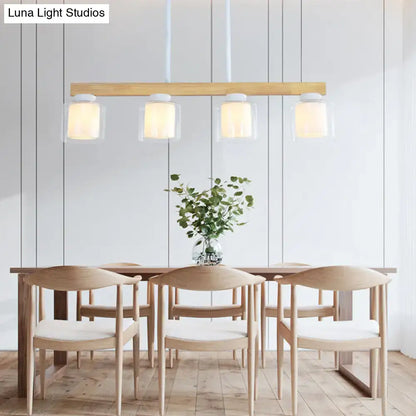 Modern minimalist wood and white glass pendant light dining room