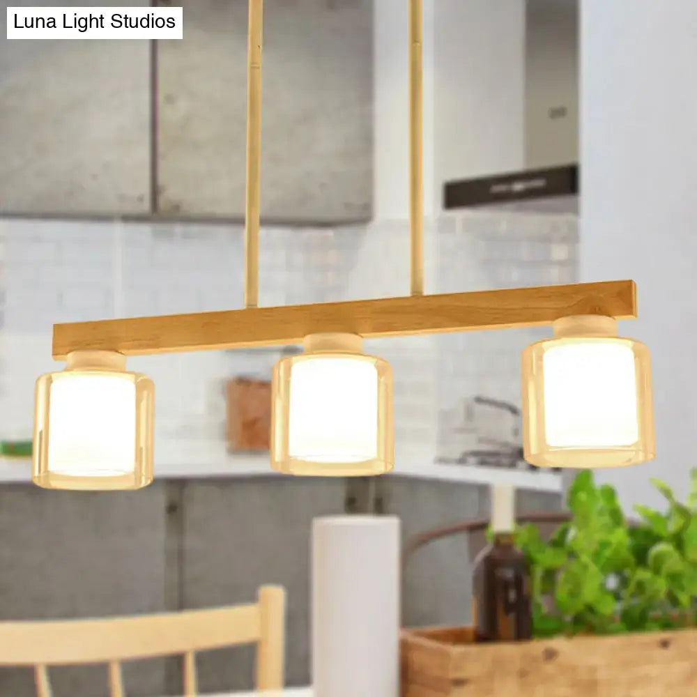 Modern minimalist wood and white glass pendant light dining room