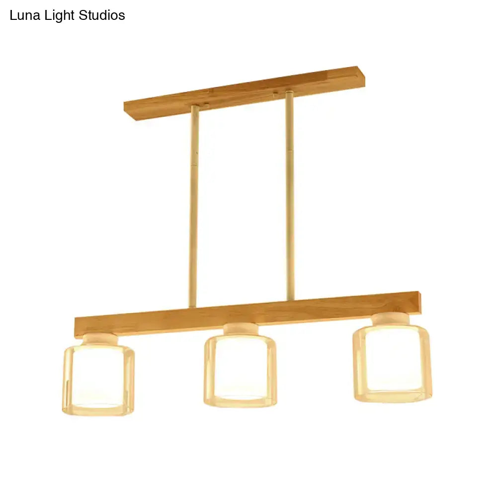 Modern minimalist wood and white glass pendant light dining room