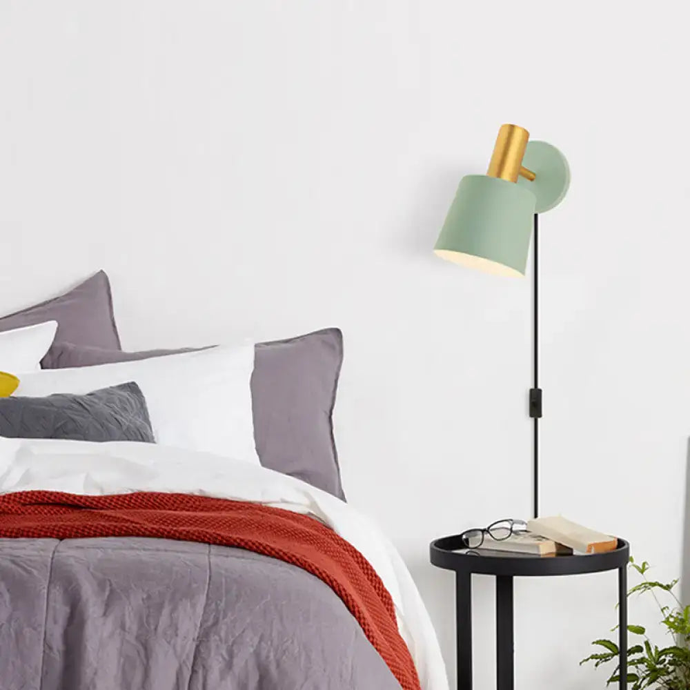 Modern mint green & gold metal drum sconce bedroom wall mounted lamp