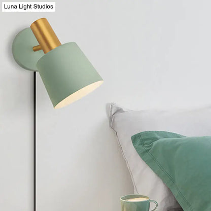 Modern mint green & gold metal drum sconce bedroom wall mounted lamp