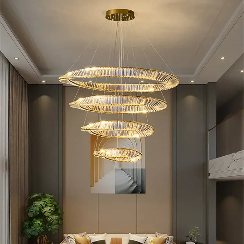 Modern multi tier gold crystal led chandelier dining room