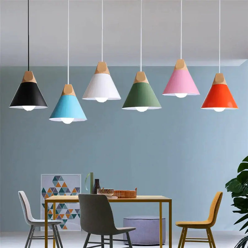 Modern multicolor cone wood pendant light dining room set
