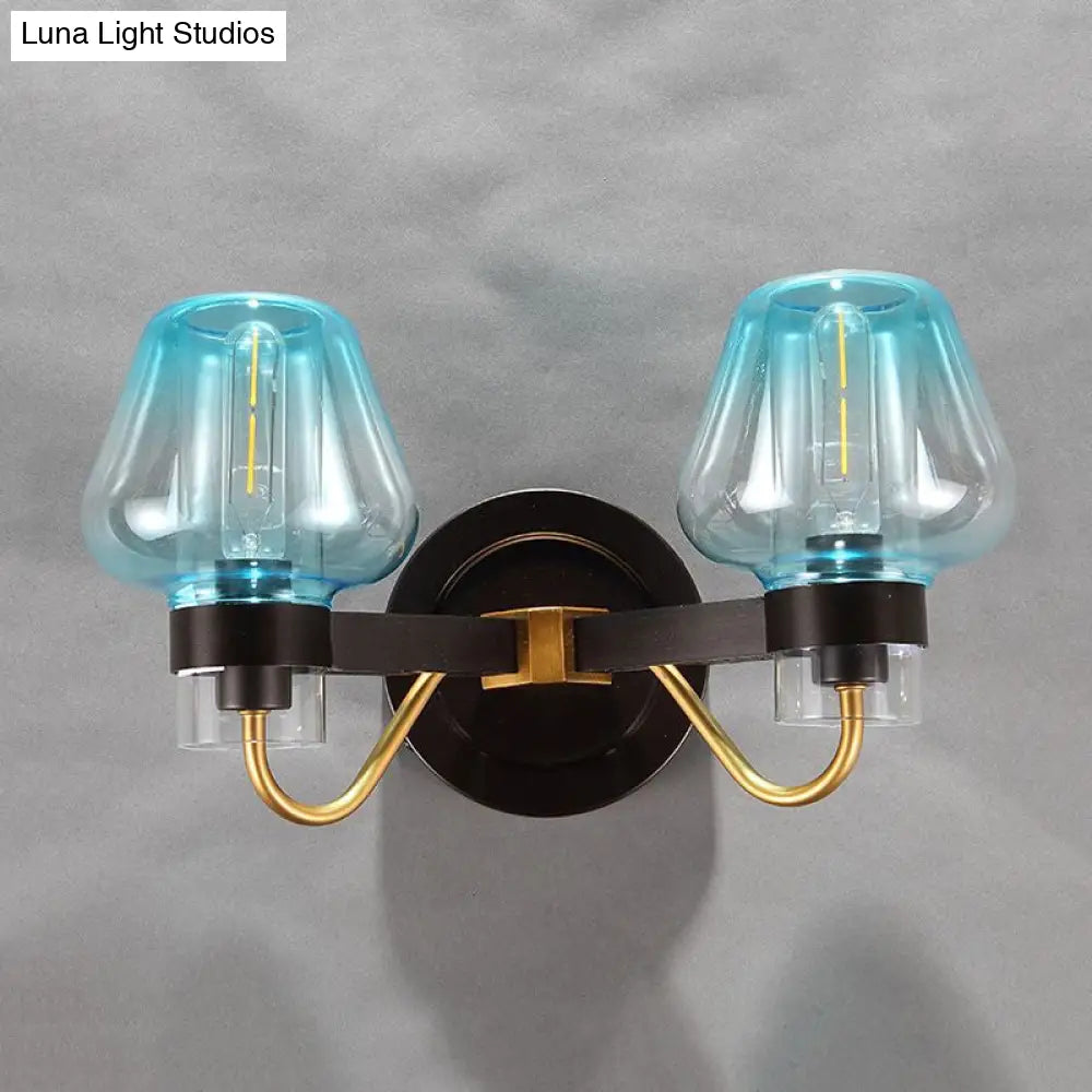 DecorBites™ Modern Mushroom Blue Glass Wall Mounted Bedroom Sconce Light with 2 Bulbs in Black