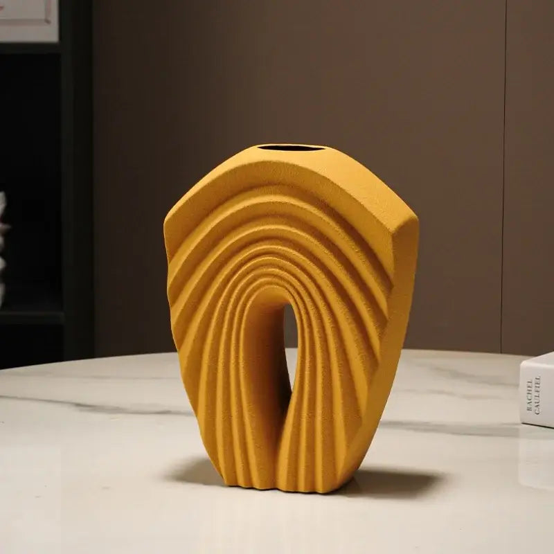 Modern mustard yellow geometric folds ceramic vase living room decor