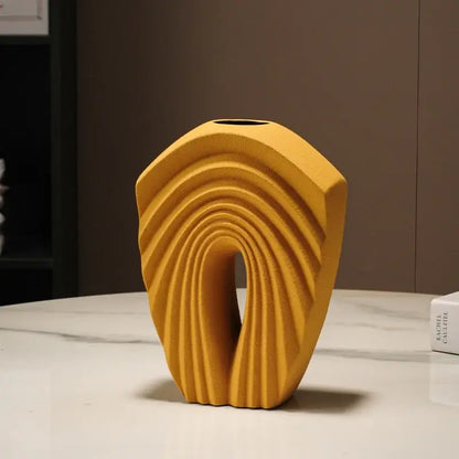 Modern mustard yellow geometric folds ceramic vase living room decor