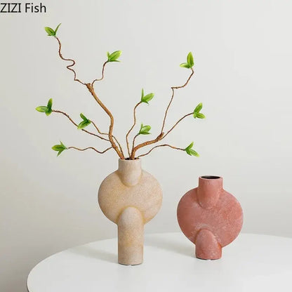 Modern muted tones ceramic disc vase set living room decor