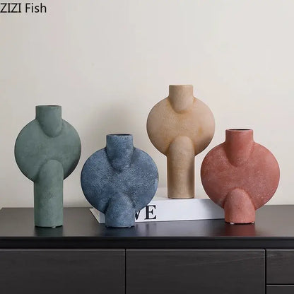 Modern muted tones ceramic disc vase set living room decor