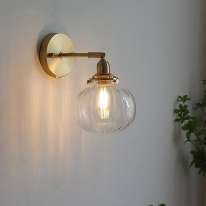 Modern nordic brass glass ball wall lamp bedroom ribbed sconce