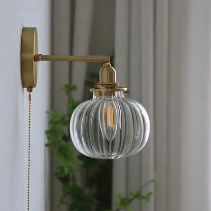 Modern nordic brass glass ball wall lamp bedroom ribbed sconce